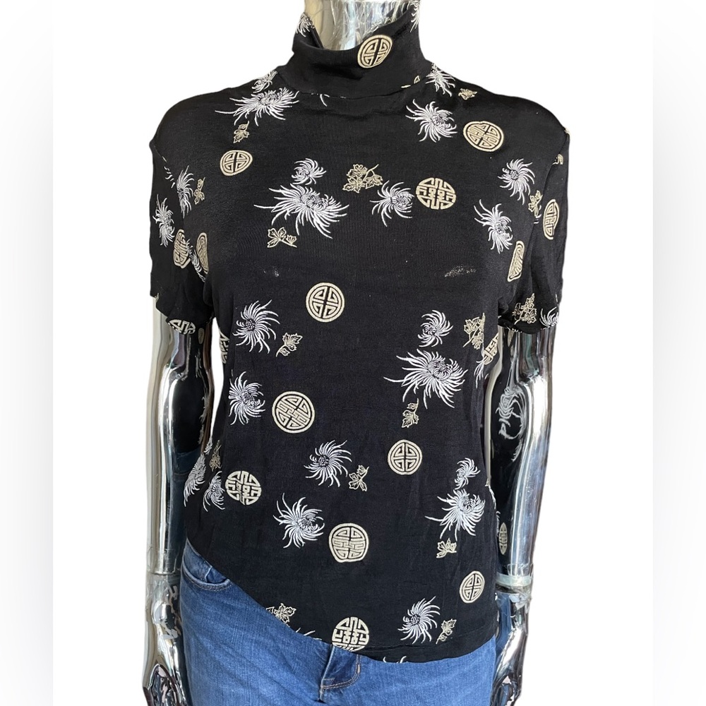 Black Mock Neck Tee with China Print - Small